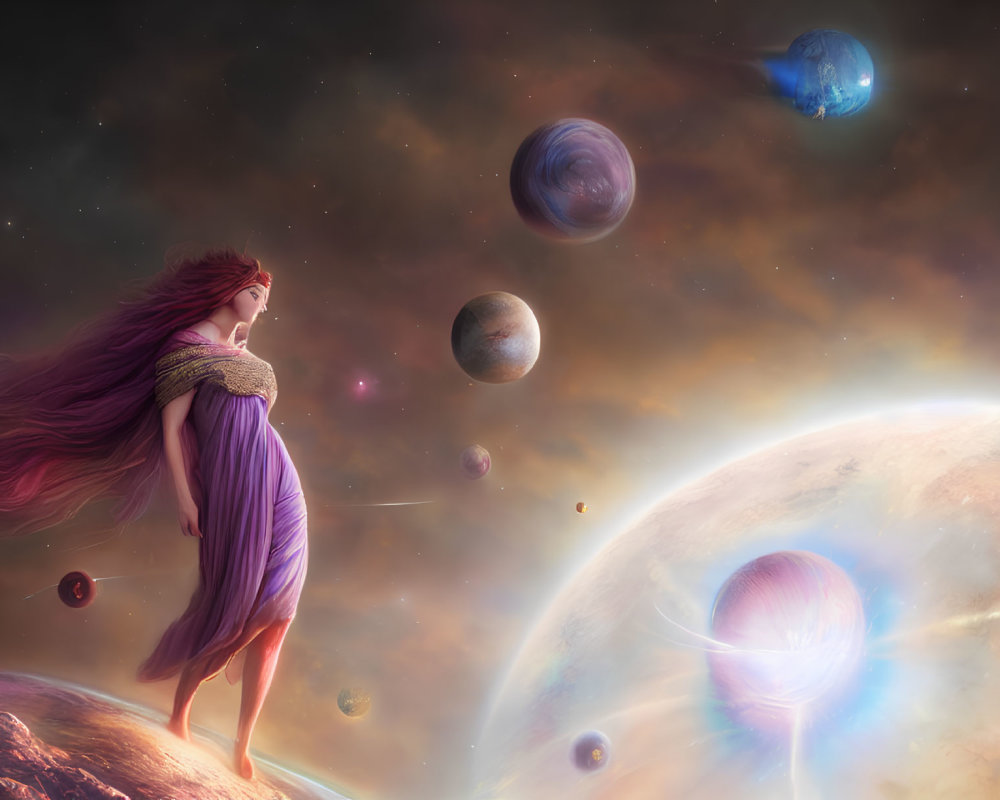 Woman with flowing hair on celestial body gazes at vibrant cosmos