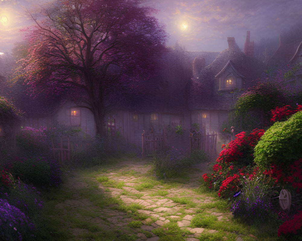 Fairytale village at twilight: cobblestone path, blooming flowers, quaint cottages,