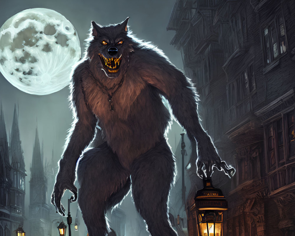 Menacing werewolf with lantern in Victorian street at night