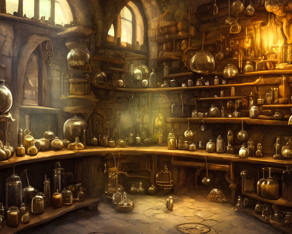 Mystical Alchemist's Lab with Bottles and Flasks in Warm Light