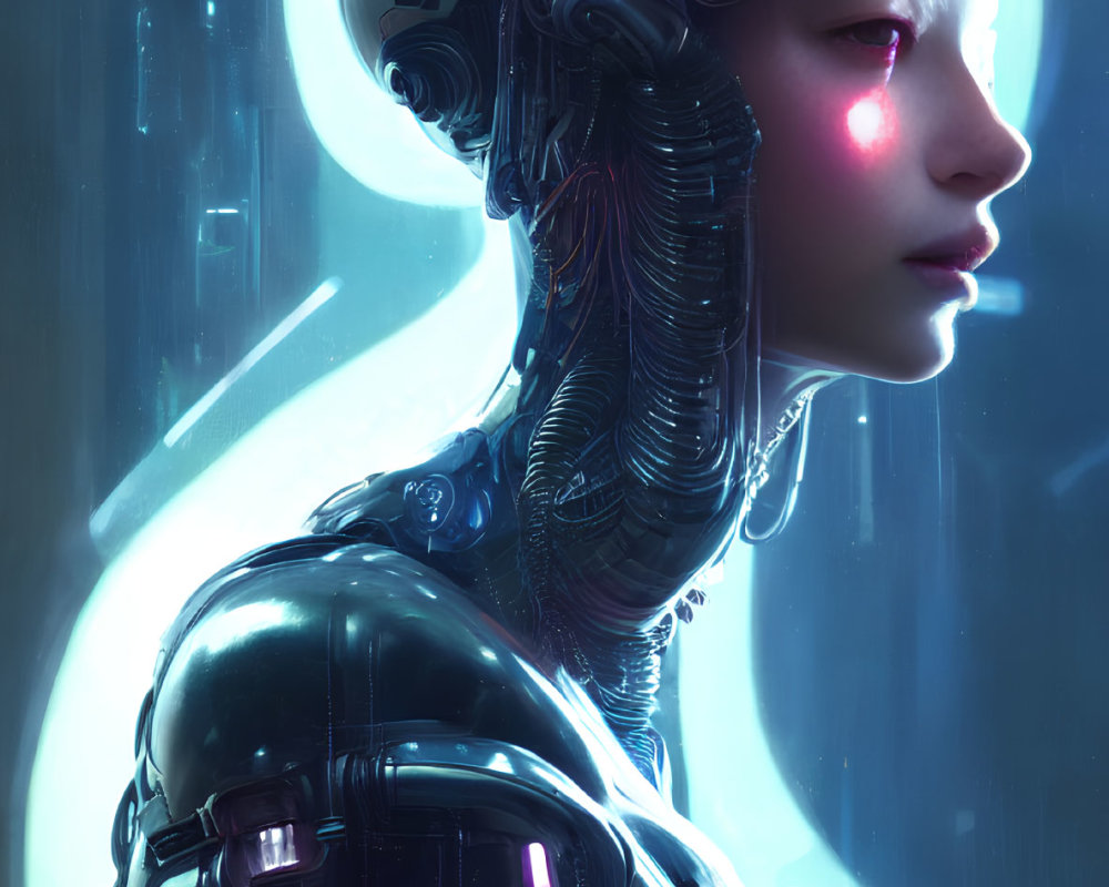 Glossy helmet female android with pink glowing eyes and cables on blue neon backdrop