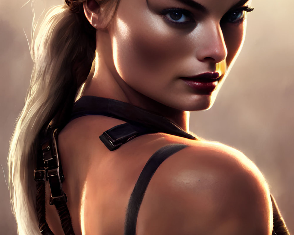 Digital artwork: Woman with braided hair, intense gaze, in strappy outfit against warm background