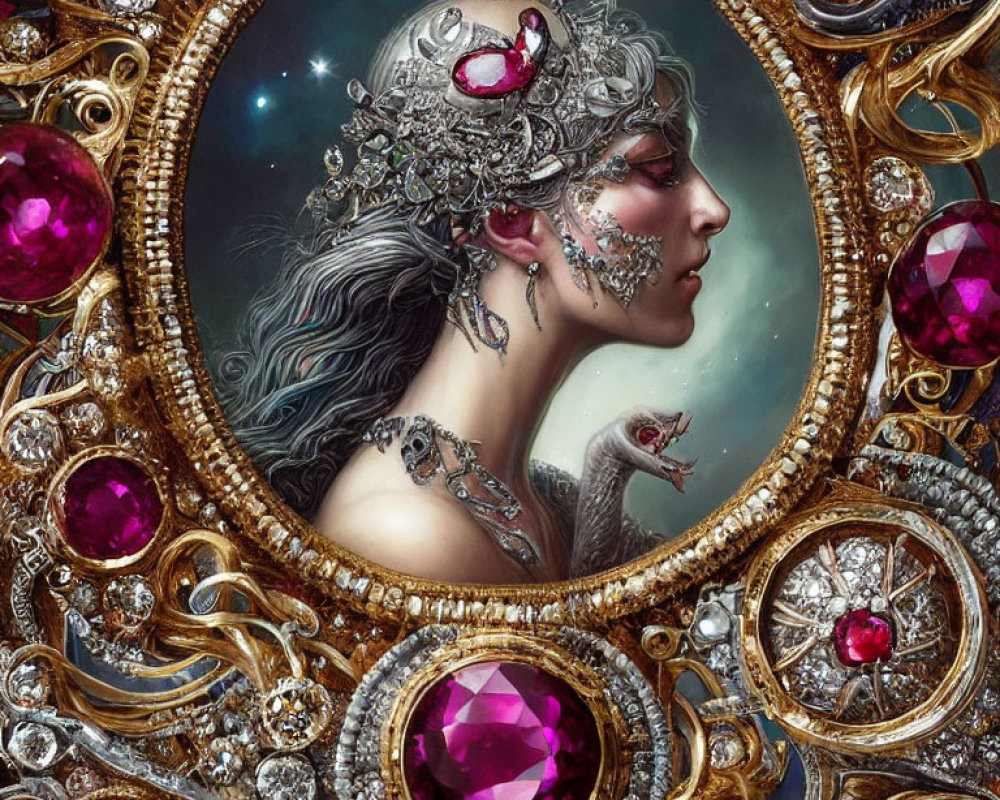 Profile portrait of woman with intricate jewelry and swan in ornate golden frame.