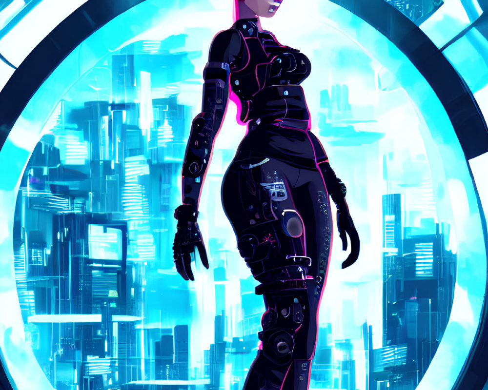 Futuristic female figure with cybernetic enhancements in neon-lit cityscape.