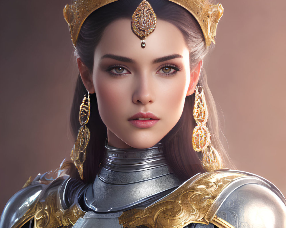 Regal woman in golden crown and armor with intricate designs and jewels