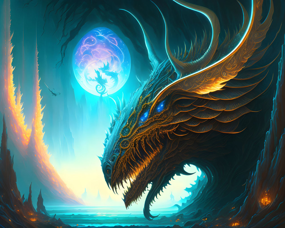 Golden dragon in glowing fantasy landscape with radiant moon