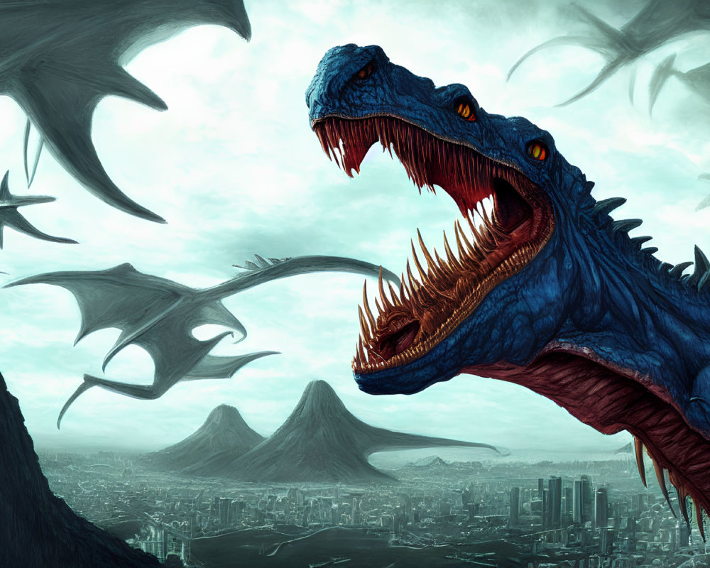 Giant blue dinosaur roaring over city with pterosaurs in stormy sky