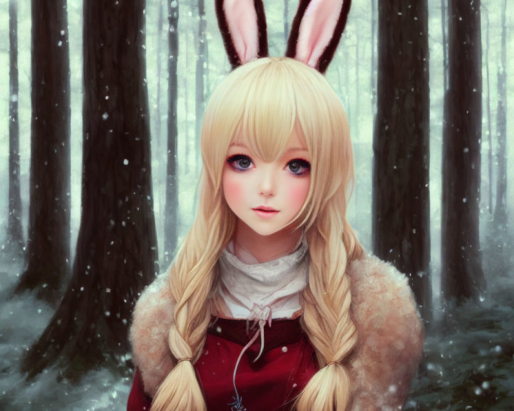 Blond-haired girl with rabbit ears in red dress in snowy forest