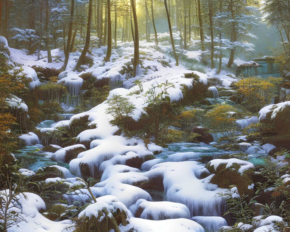 Snow-covered forest with frozen stream under sunlight