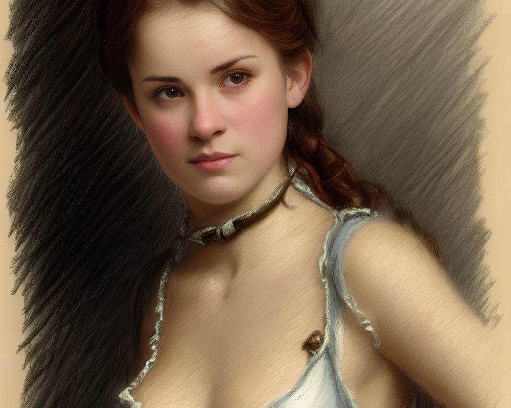 Portrait of Woman with Auburn Hair, Blue-Gray Corset, Necklace on Beige Background