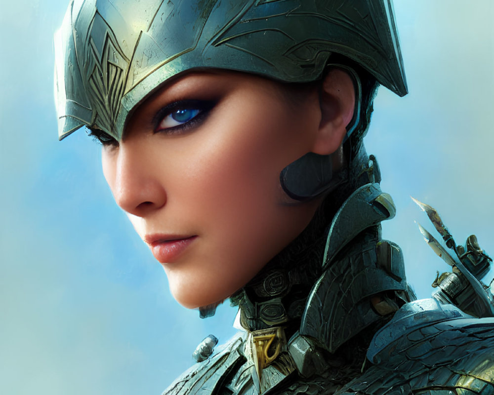 Detailed portrait of a woman in ornate Norse Valkyrie helmet and metallic armor with intense blue eyes