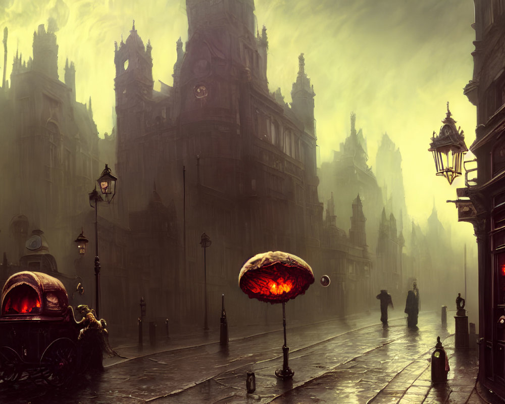 Victorian-style street scene with fog, silhouettes, glowing lamps, carriage, and eerie oversized