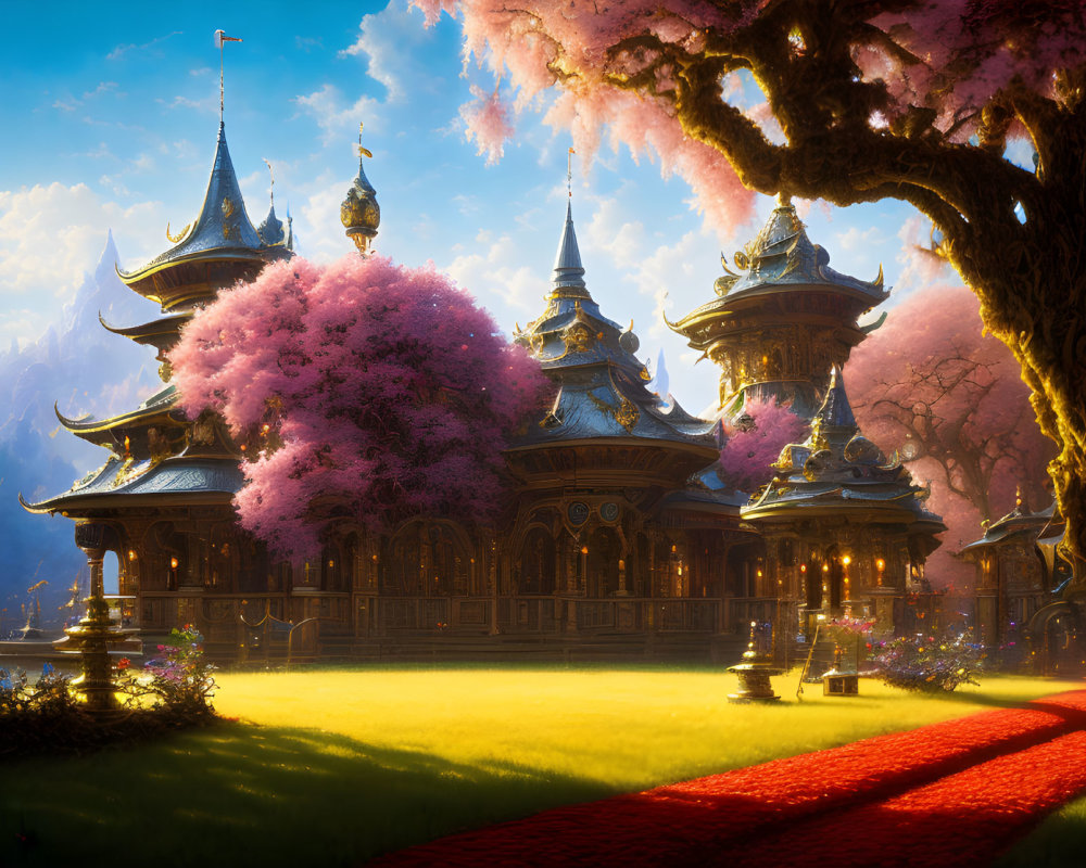 Digital artwork featuring traditional-style pagoda buildings and pink blooming trees in warm light