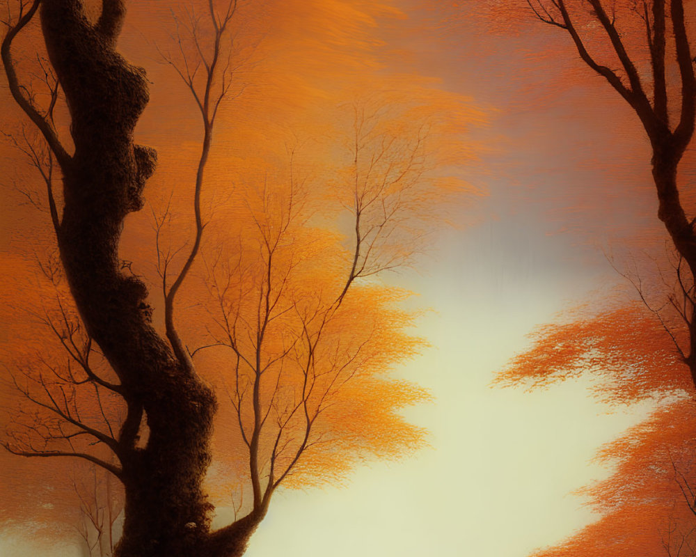 Woman in Red Dress Surrounded by Autumn Forest Landscape