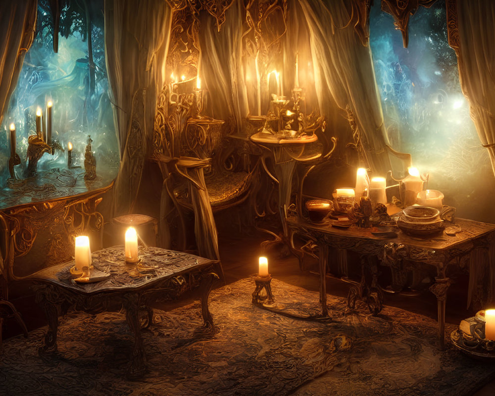 Enchanting room with candles, ornate furniture, billowing drapes, and glowing portal.