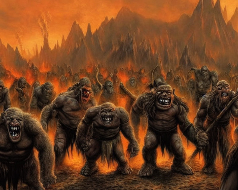 Monstrous Ogre-like Creatures in Fiery Hellish Landscape