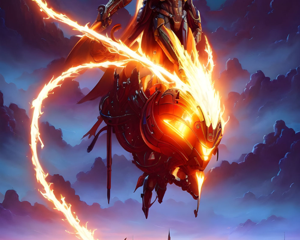 Futuristic knight on flaming mechanical dragon over neon cityscape