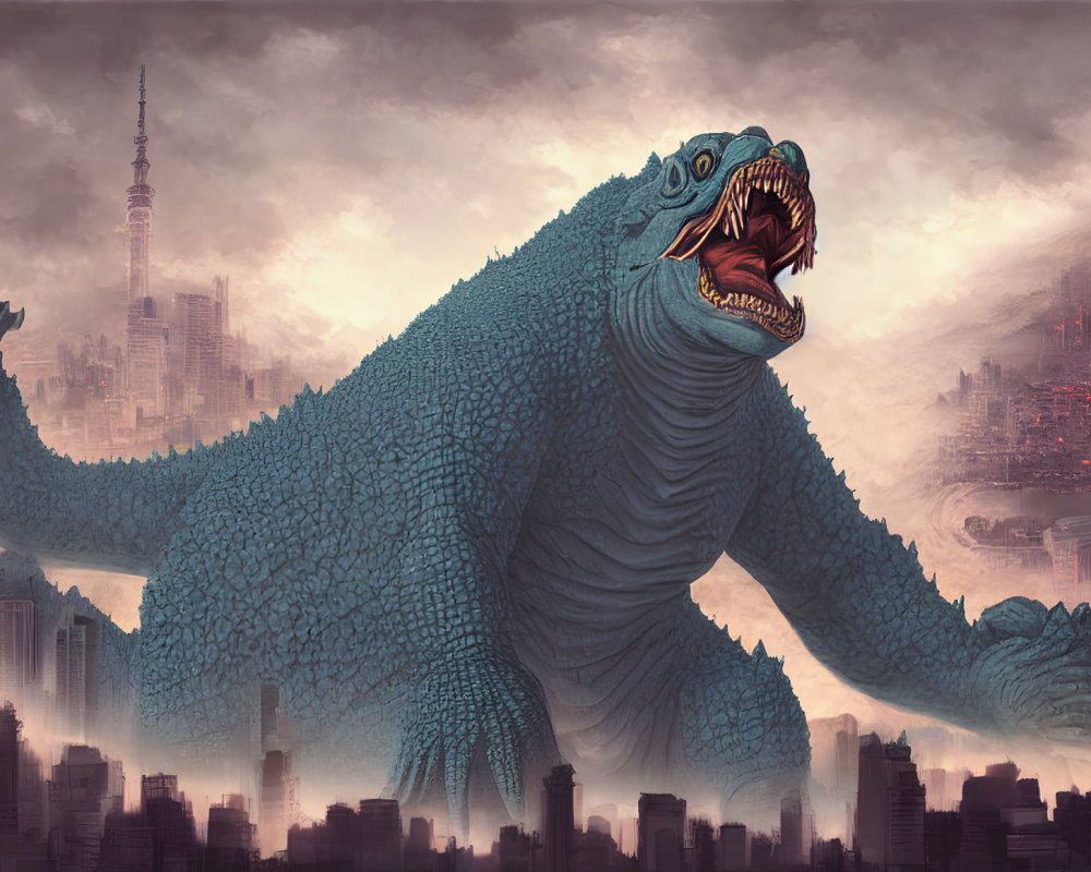 Enormous blue reptilian monster roaring over cityscape