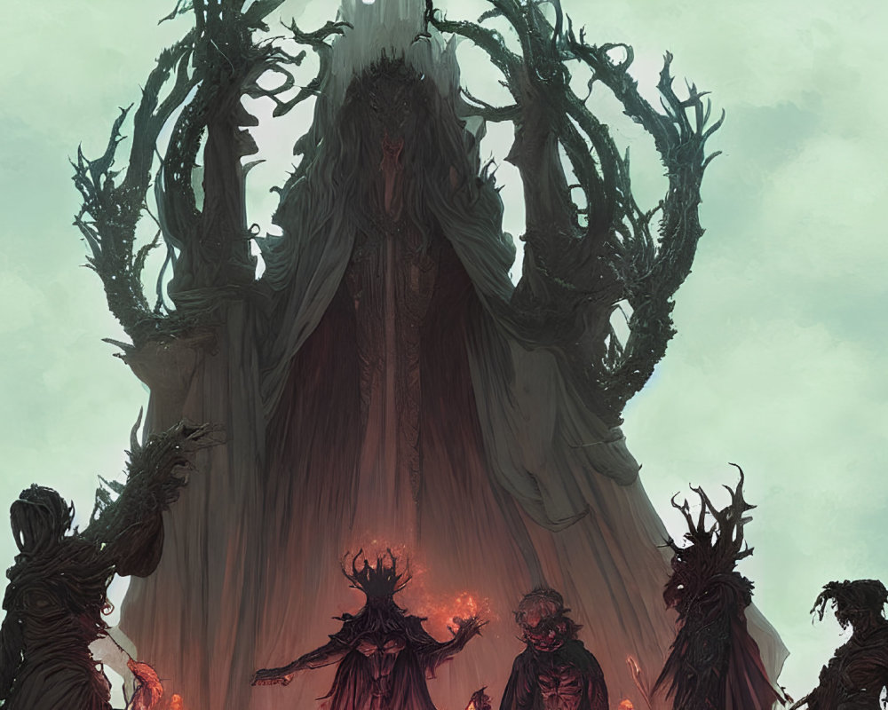 Fantasy artwork featuring twisted tree figure and smaller stylized figures in misty setting