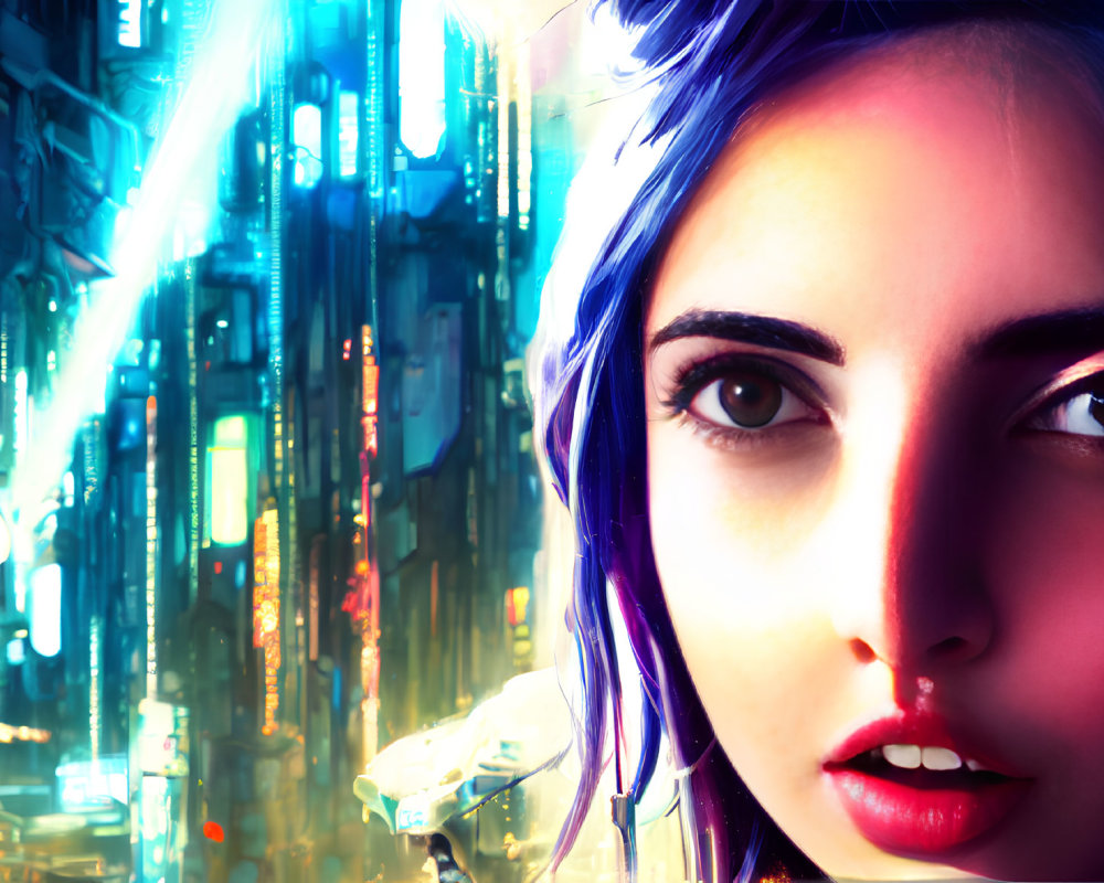 Digitally enhanced portrait of a woman with blue hair in neon-lit cityscape