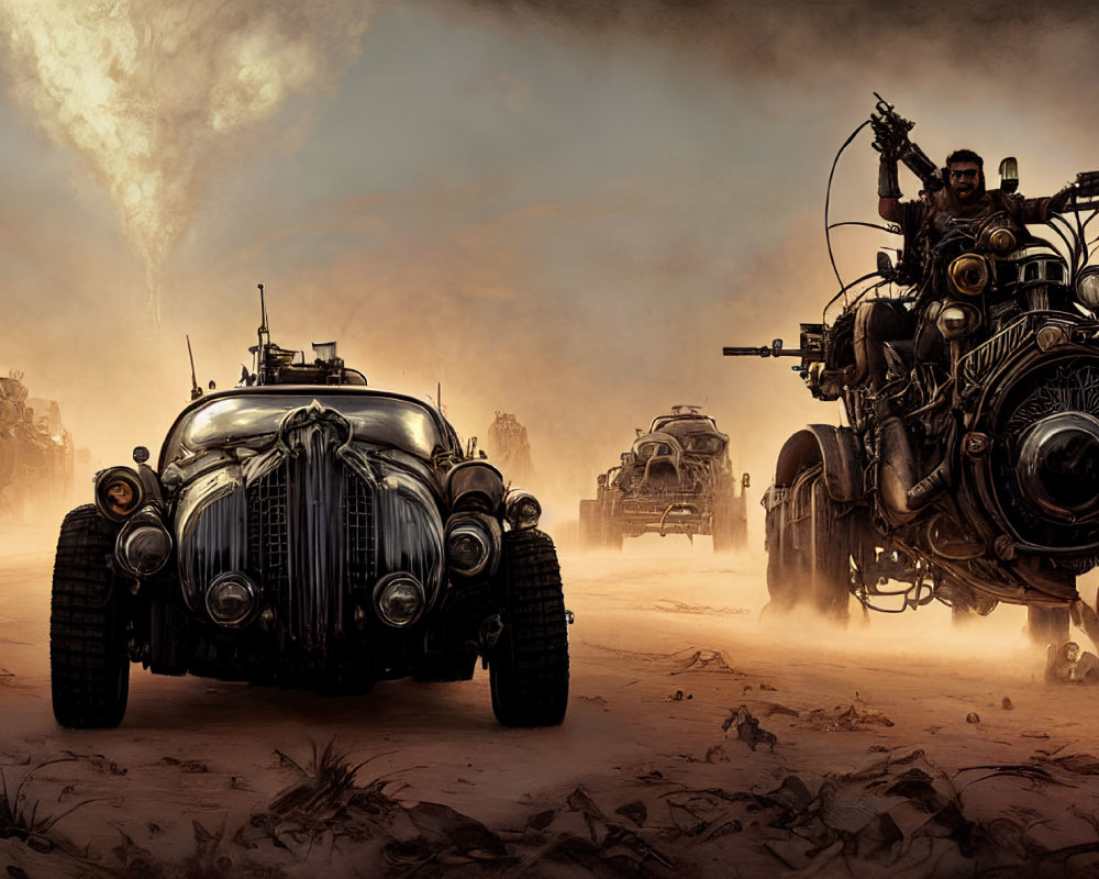 Post-apocalyptic desert scene with modified vehicles and riders amidst swirling sky and dust clouds