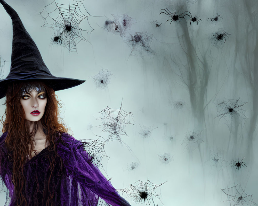 Mysterious Witch in Black Hat and Purple Attire in Foggy Forest