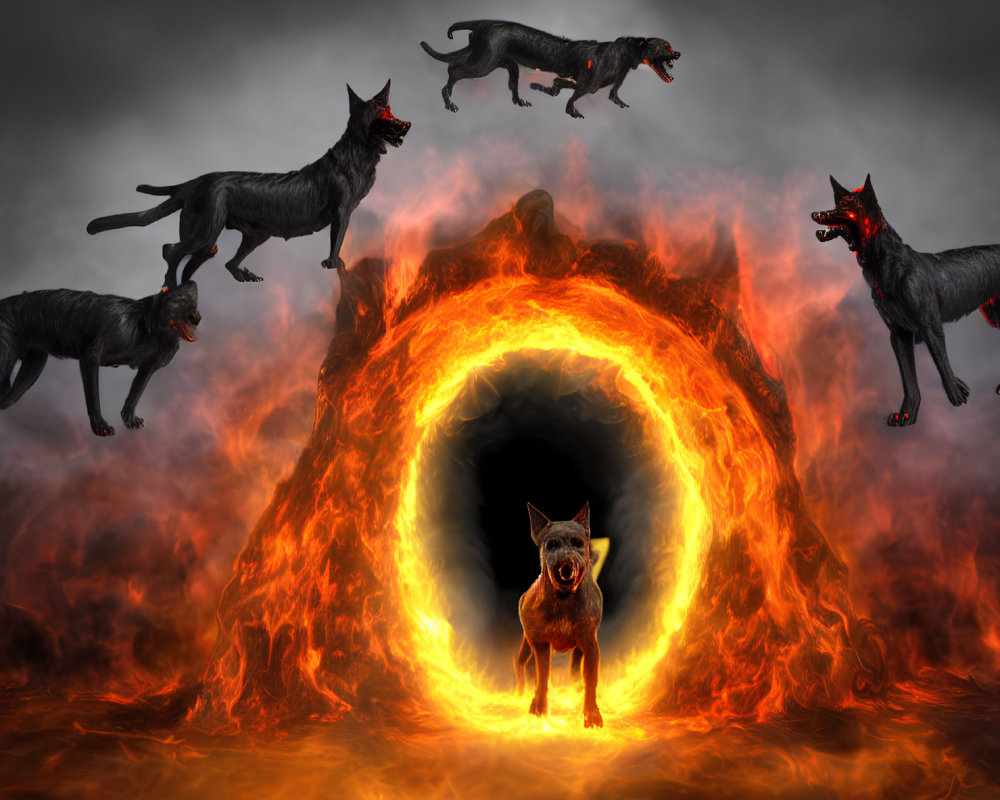 Stylized image of fierce black dogs around fiery lava portal