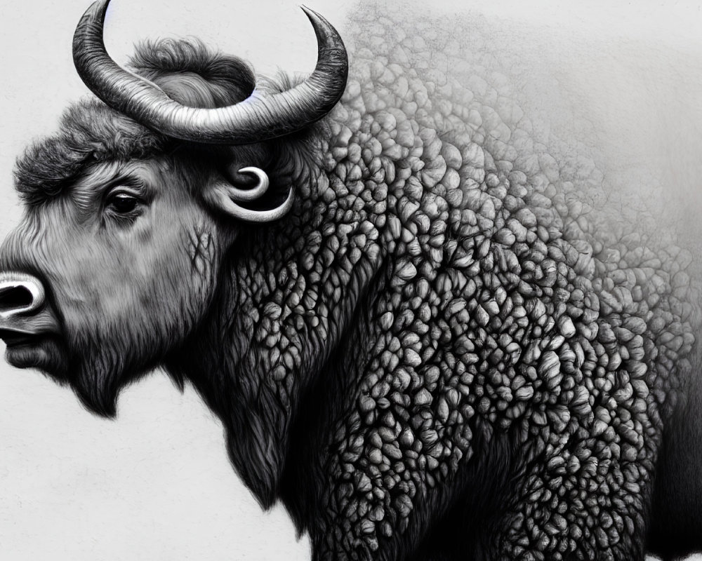 Detailed Black and White Muskox Illustration with Intricate Fur Texture and Prominent Curved Horns