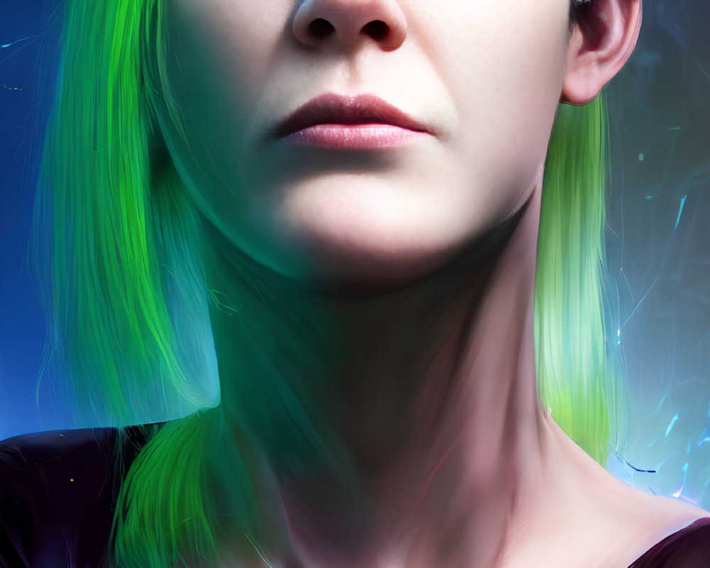 Portrait of Woman with Neon Green Hair, Piercing Eyes, Dark Eye Makeup, Glasses, Purple Out