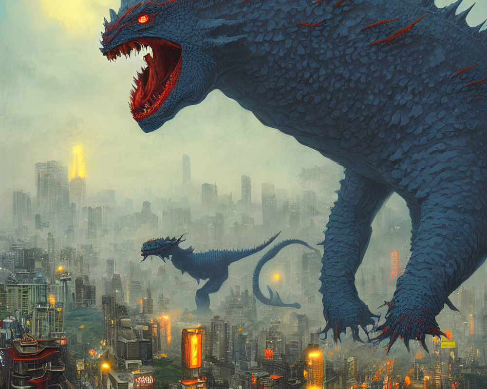 Gigantic blue dragon roaring over futuristic cityscape with another dragon in background