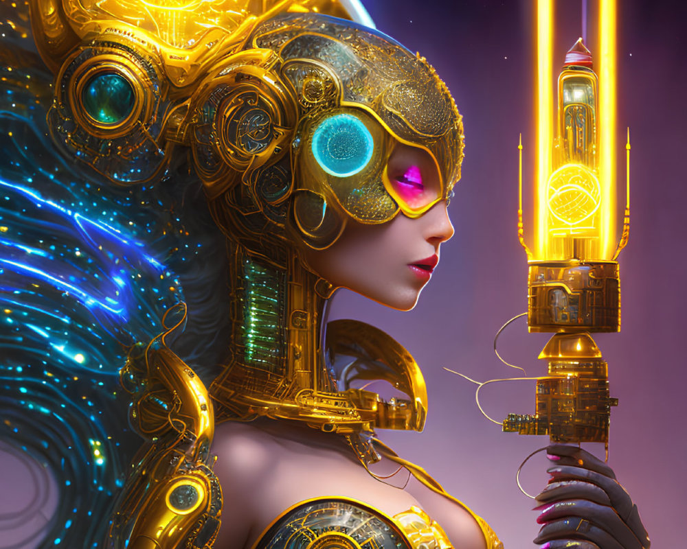 Futuristic female android with intricate gold headgear and shoulder armor holding a golden tower emitting light against