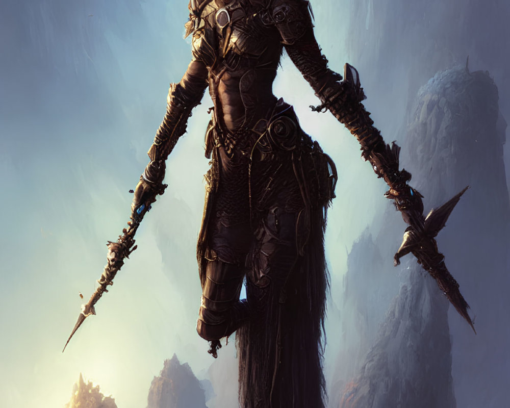 Ornate dark armor warrior with horned helmet and spear in misty mountainous setting