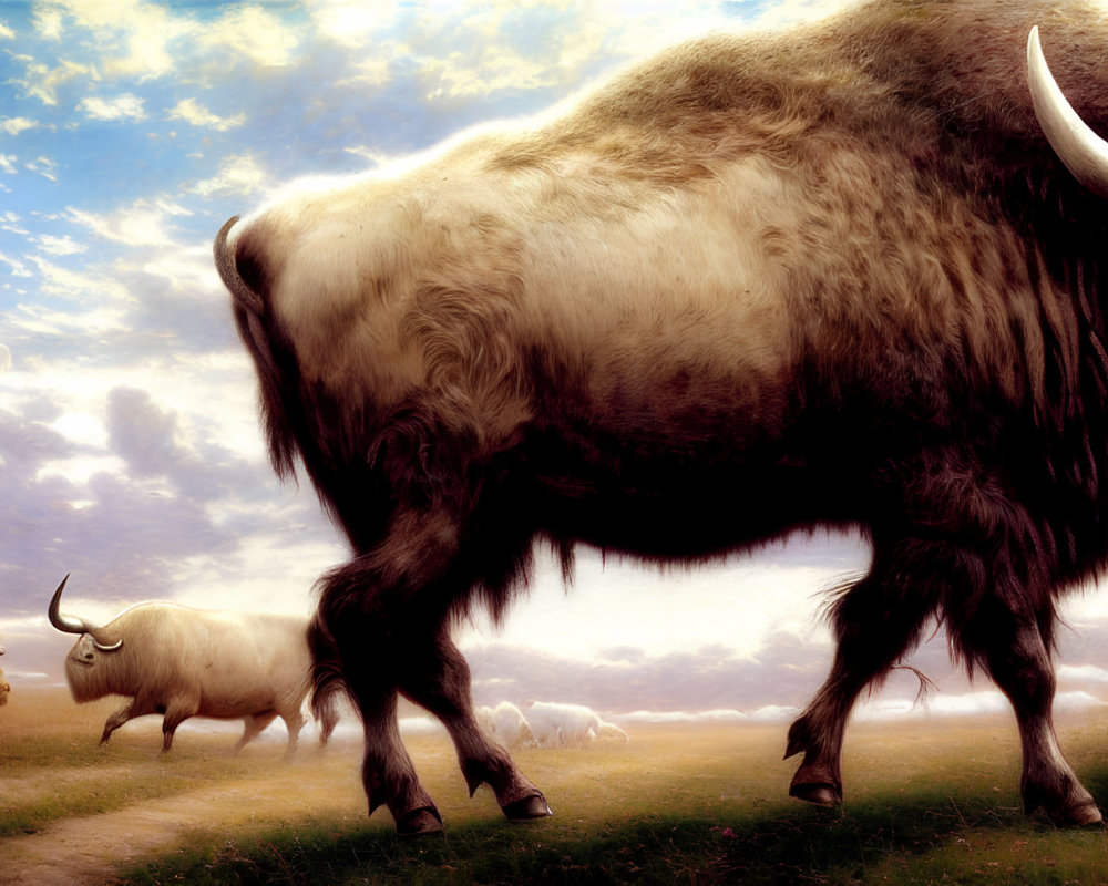 Herd of oxen grazing under dramatic sky with large, prominent ox.