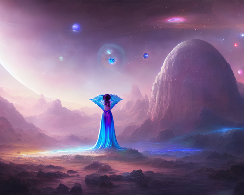 Cloaked figure in fantastical landscape under luminous night sky