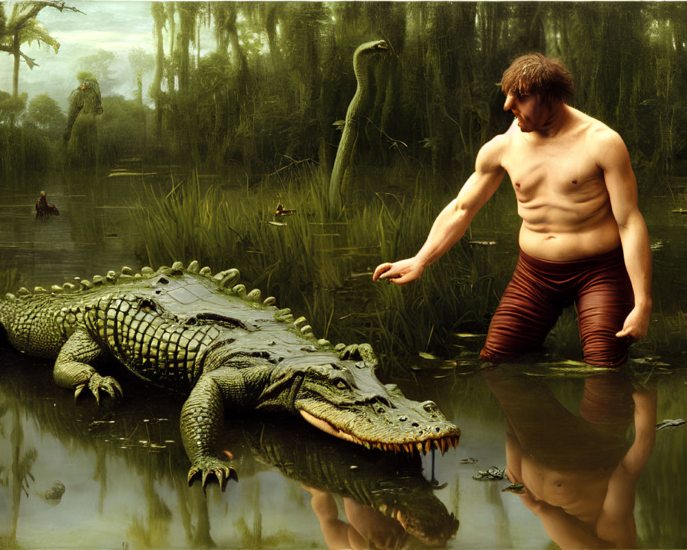 Shirtless man in red shorts cautiously approaches large alligator in shallow swamp