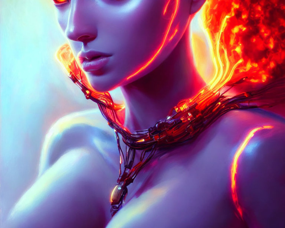 Cyborg Woman Digital Artwork with Glowing Red Eyes