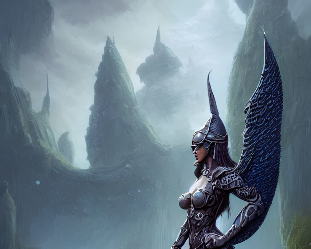 Fantasy warrior in winged helmet and spear against misty mountain backdrop