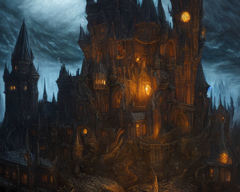 Gothic castle illuminated by orange lights at night