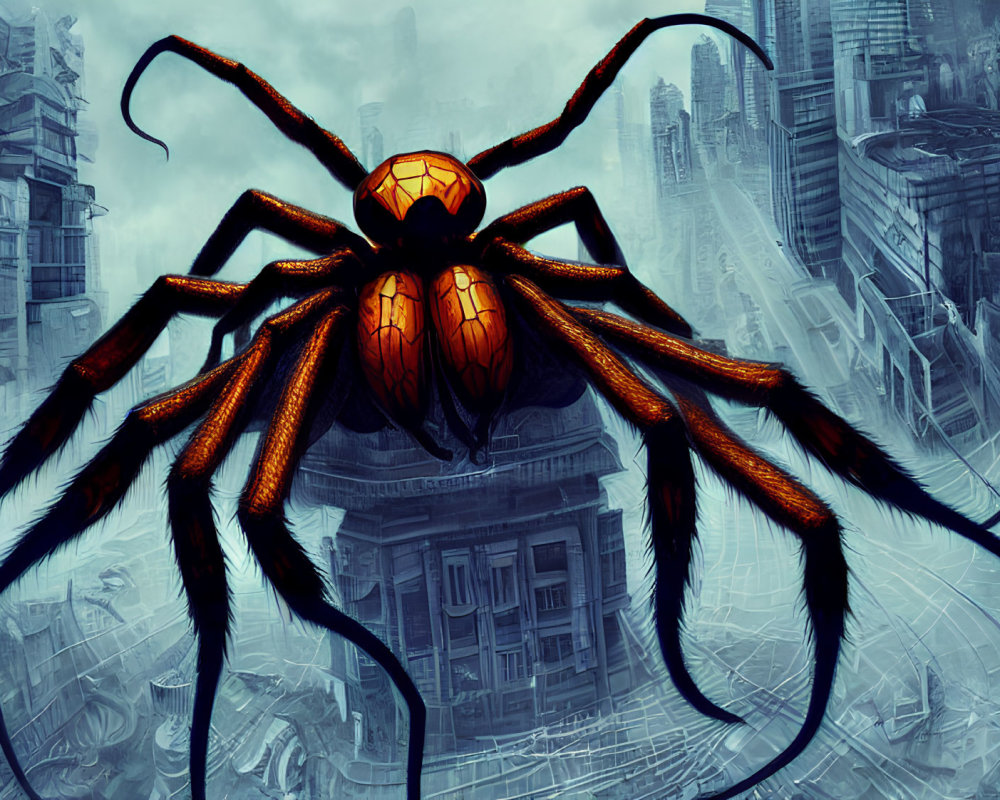 Giant Spider with Glowing Orange Markings in Futuristic Cityscape