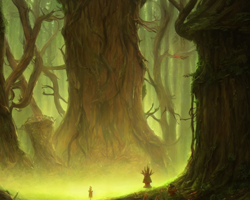 Mystical forest scene with towering trees and green glow