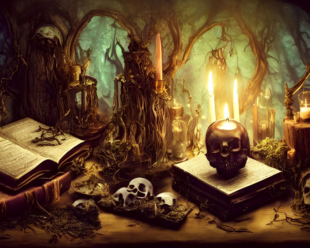 Mystical forest scene with ancient books, candles, skulls, and twisted branches