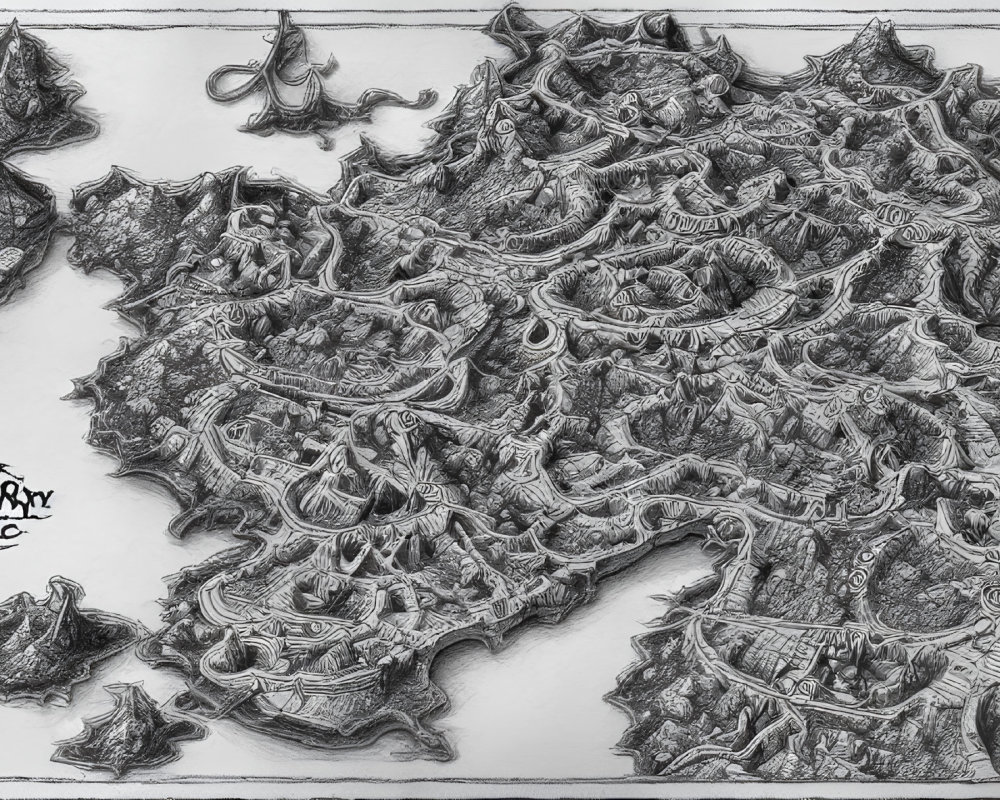 Detailed Black and White Fantasy Map with Mountains, Valleys, and Pathways