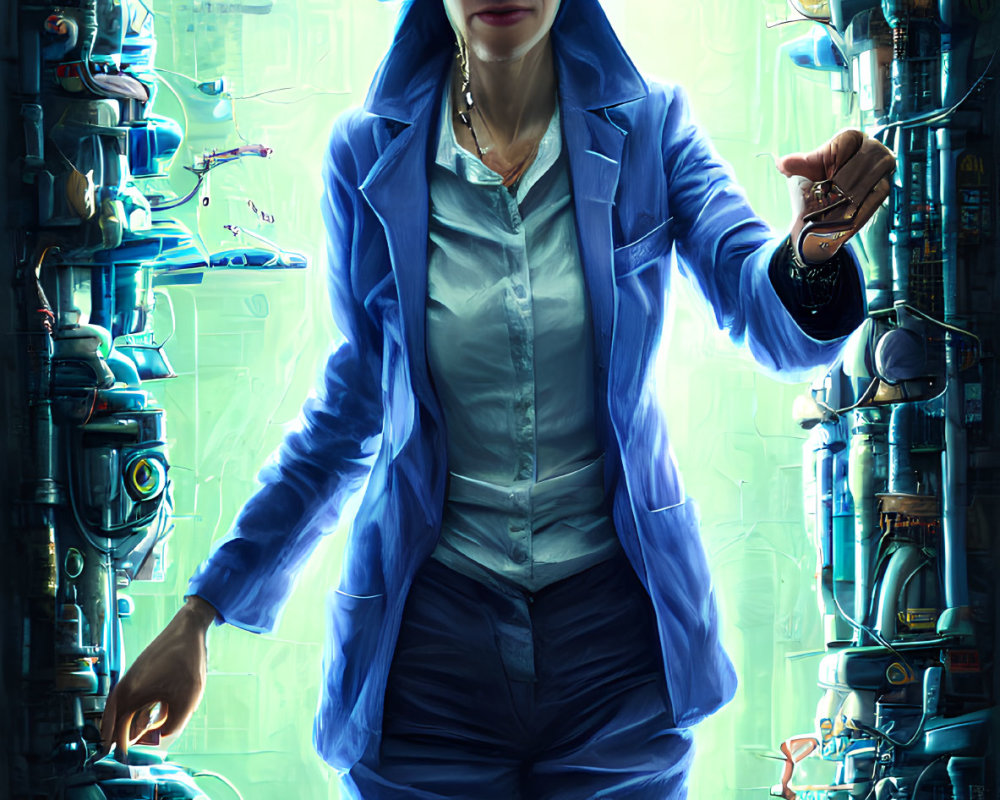 Confident person in blue suit with headphones in futuristic setting holding glowing sphere