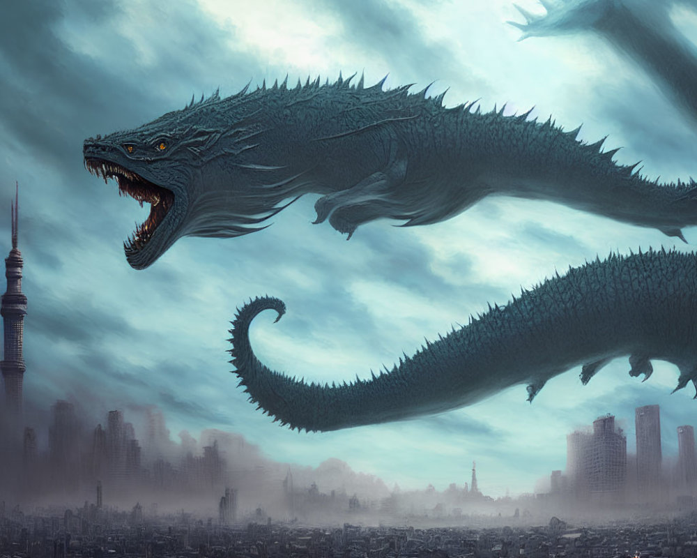 Menacing dragon soaring over misty cityscape with glistening scales and open mouth.