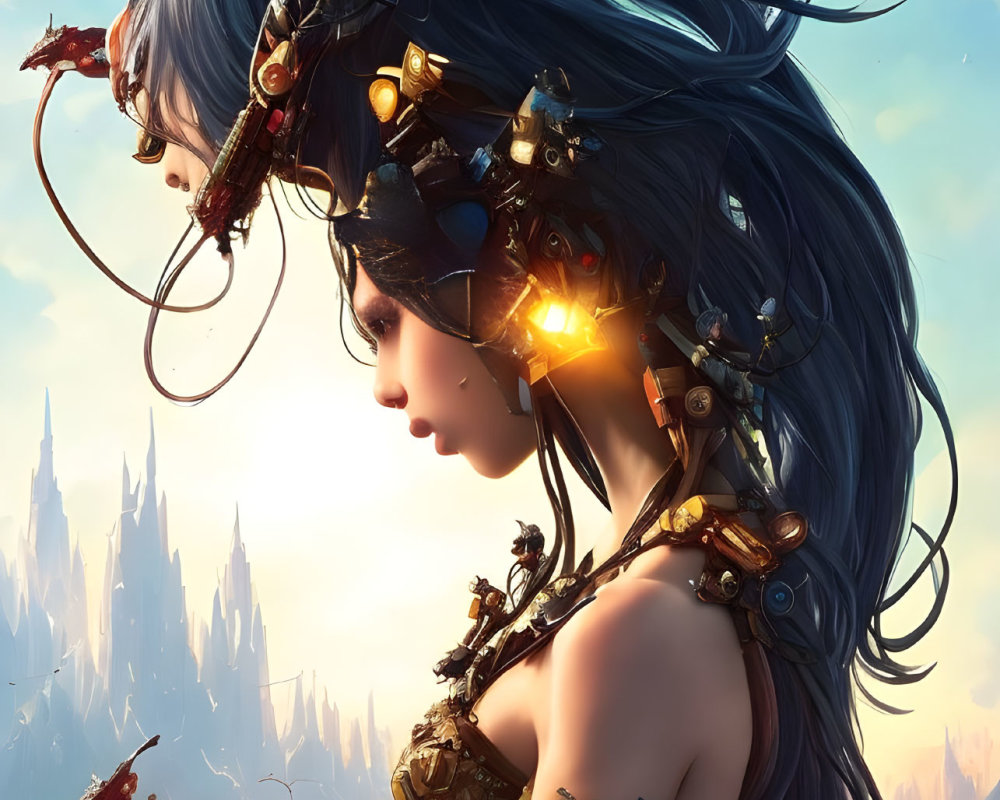 Profile View Digital Artwork: Woman with Blue Hair, Golden Mechanical Details, Flowers, Castle Backdrop