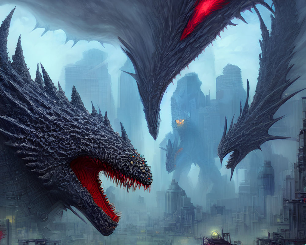 Gigantic dragon overlooking futuristic cityscape with stormy sky