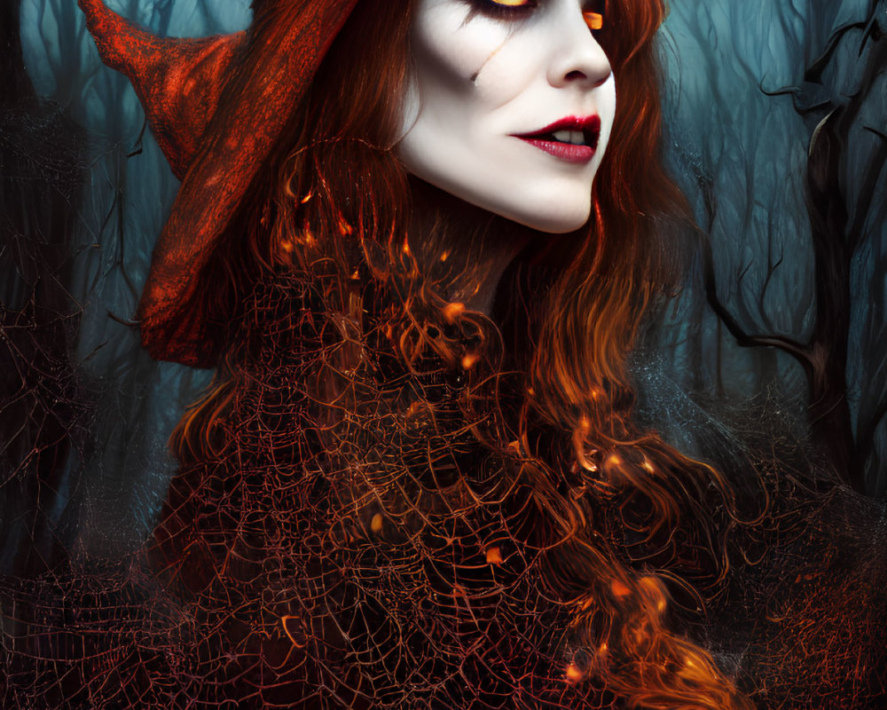 Striking Witch Makeup with Red Hat in Dark Forest