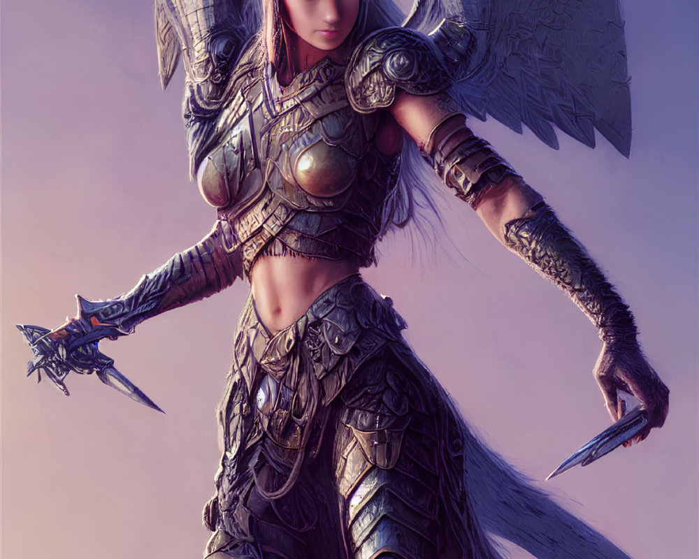 Warrior woman in ornate armor with wings and spear ready for battle