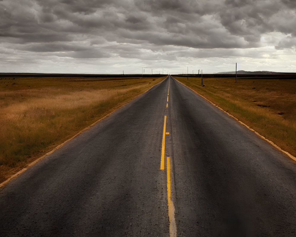 Desolate straight road under dramatic cloudy sky and flat grasslands