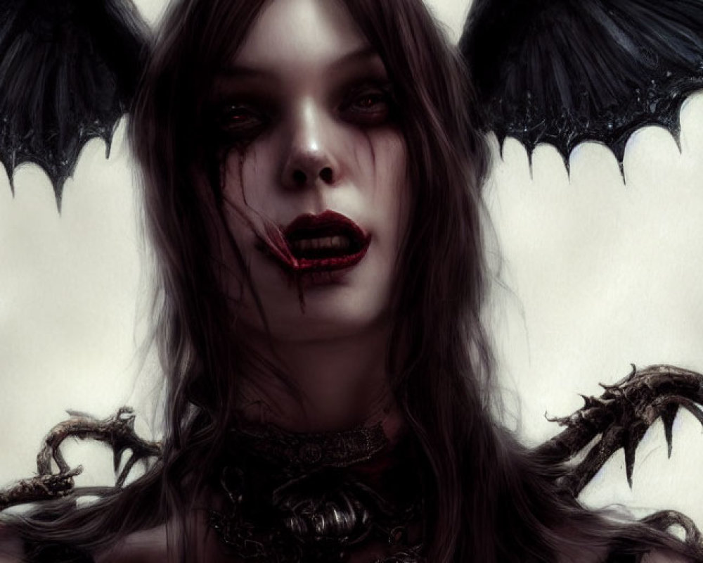 Dark Fantasy Art: Female Figure with Wings, Horns, and Choker Pendant